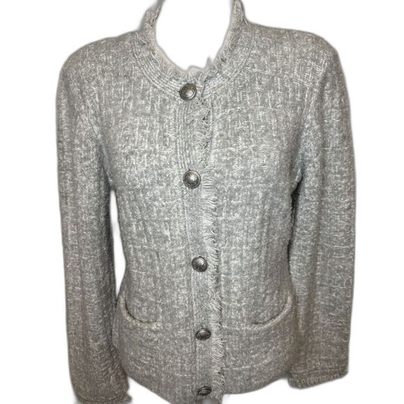 Express Gray Bouclé Knit Button-Down Cardigan Blazer Fringe Trim Womens - Picture 5 of 8